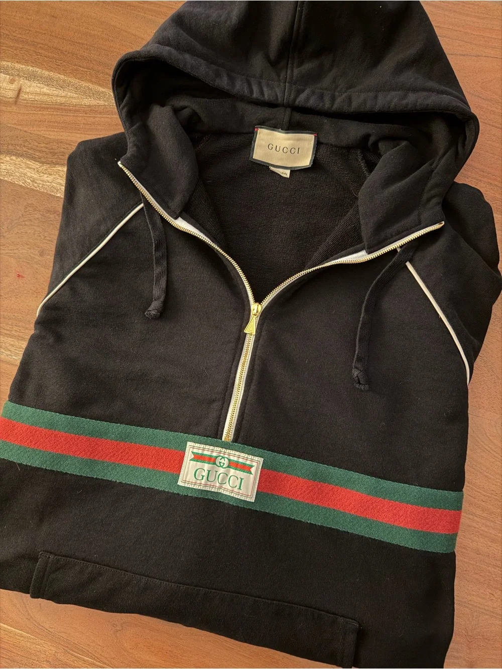 Gucci Black Hooded Half-Zip Sweatshirt with Green & Red Stripe